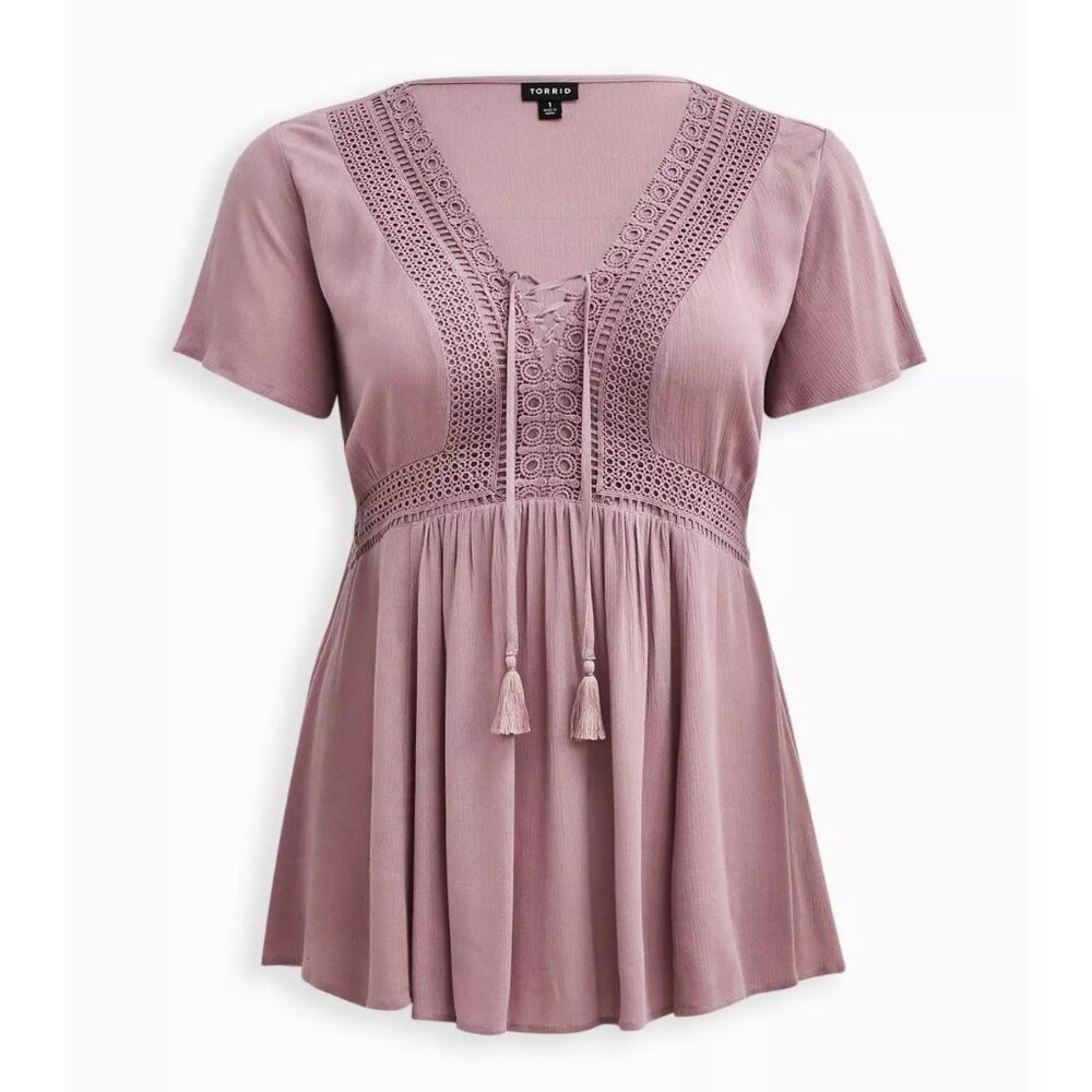 Torrid Babydoll Crinkle Gauze Crochet Inset Lace-Up Top Elderberry Plus Size 1X - Picture 5 of 7